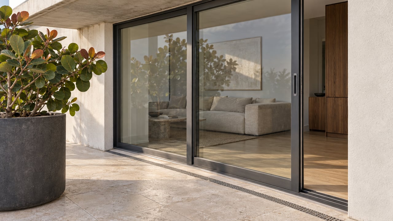 Sunlit limestone condo terrace beside closed glass doors, with warm-white stucco and a single sea grape specimen in a charcoal planter.