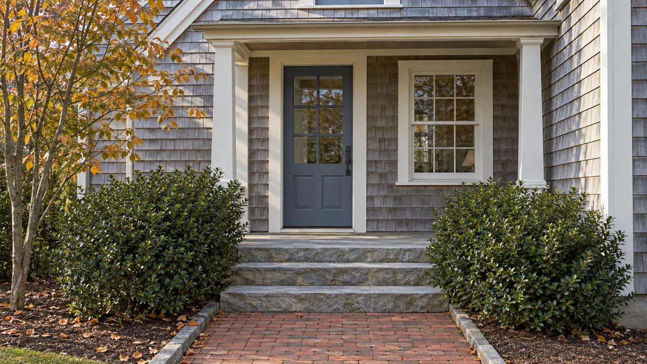 Shingled cottage entry with a glazed blue door, bluestone steps, brick walk, and autumn leaves.