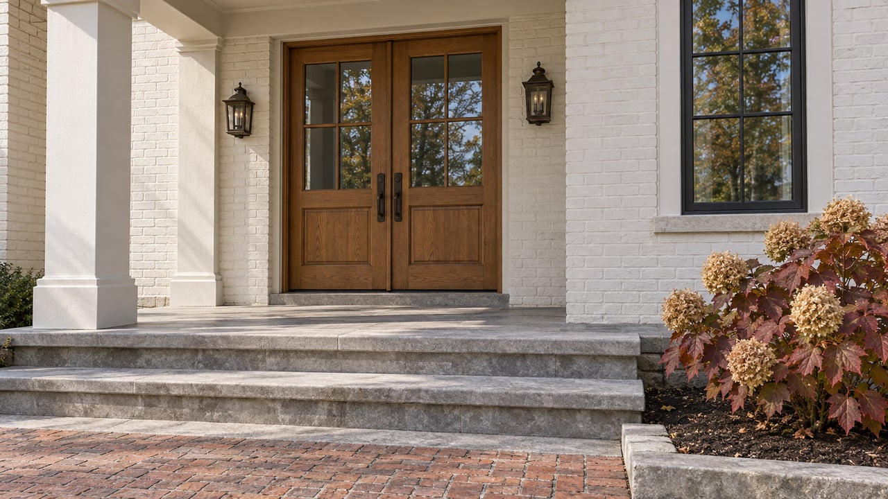 Warm oak double doors beneath a white brick porch, with limestone steps, bronze lanterns and burgundy oakleaf hydrangea beside a brick approach.