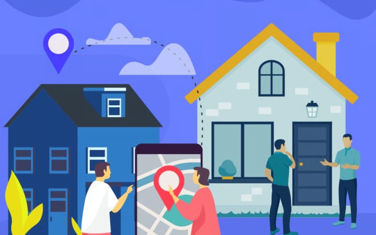 Illustration of people viewing a house, with a map pin connecting it to another home.