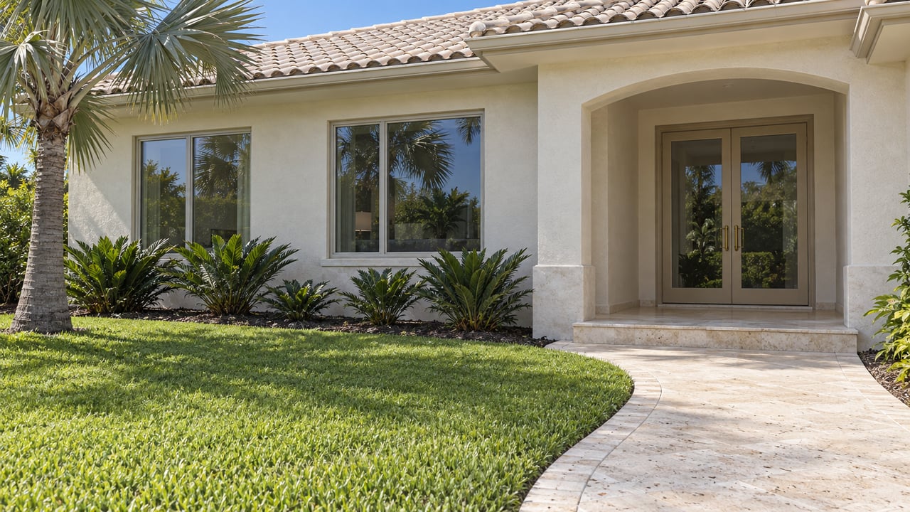 Ivory stucco home with a pale tile roof, arched entrance, limestone garden walk and silver fan palm in afternoon sunlight.