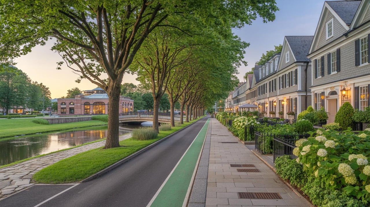 Tree-lined road and green bike lane beside a canal, with townhouses and flowering gardens.