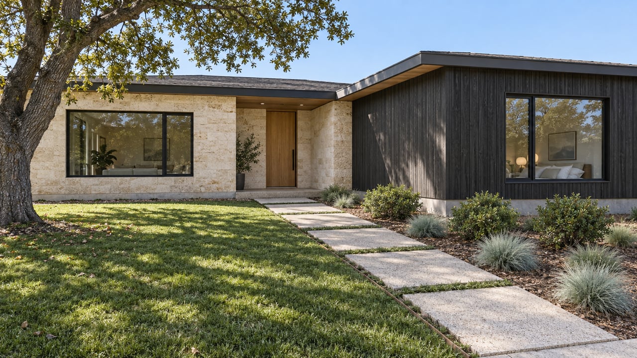 Low contemporary home with ivory stone, charcoal timber siding and a deep front garden beneath a spreading oak.