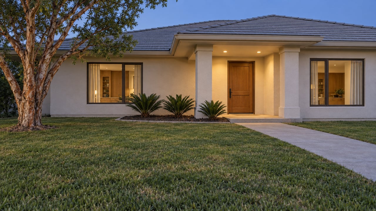 An ivory stucco single-story home at blue hour, with a deep lawn, copper-barked tree and warmly lit covered entry.