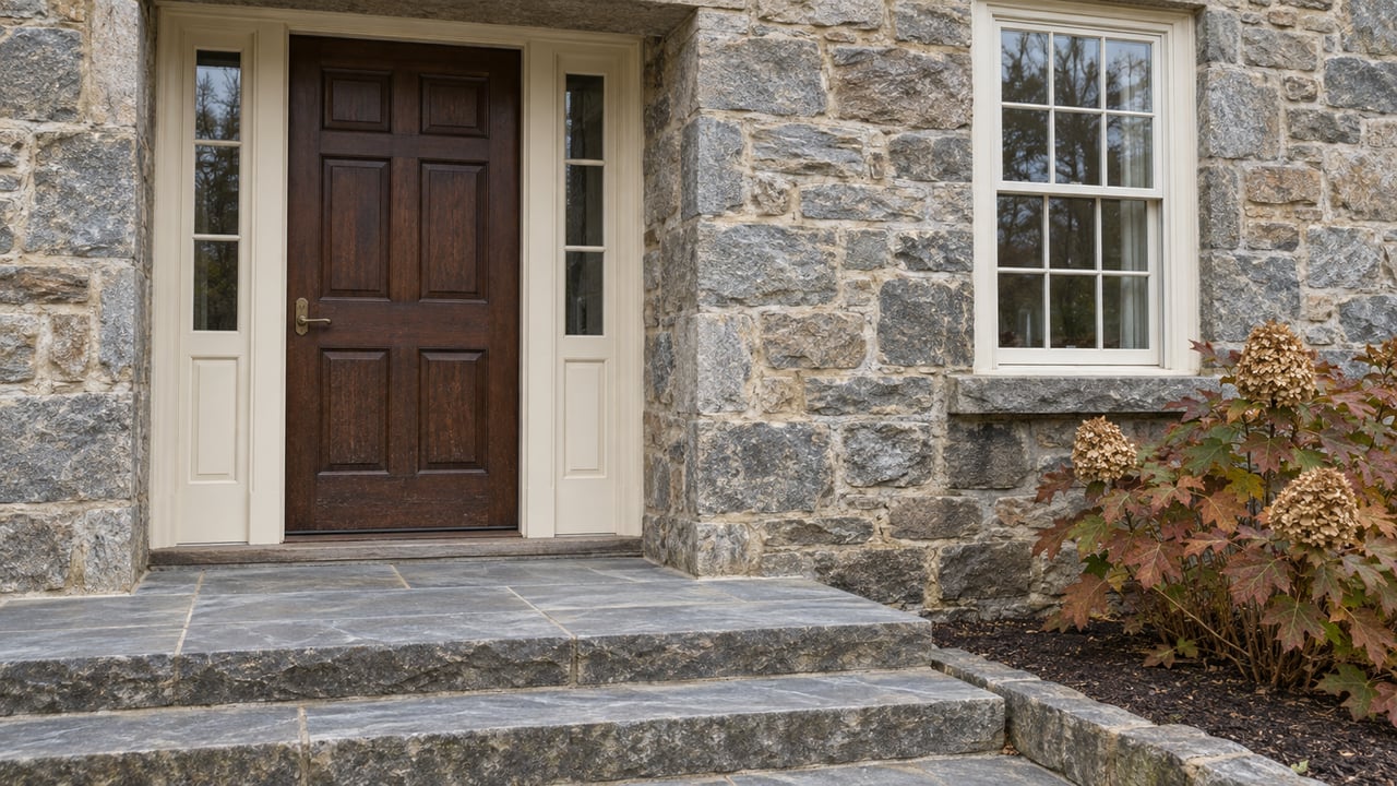Fieldstone home entrance with a walnut door, cream-framed sidelights, worn stone steps, and autumn oakleaf hydrangea.