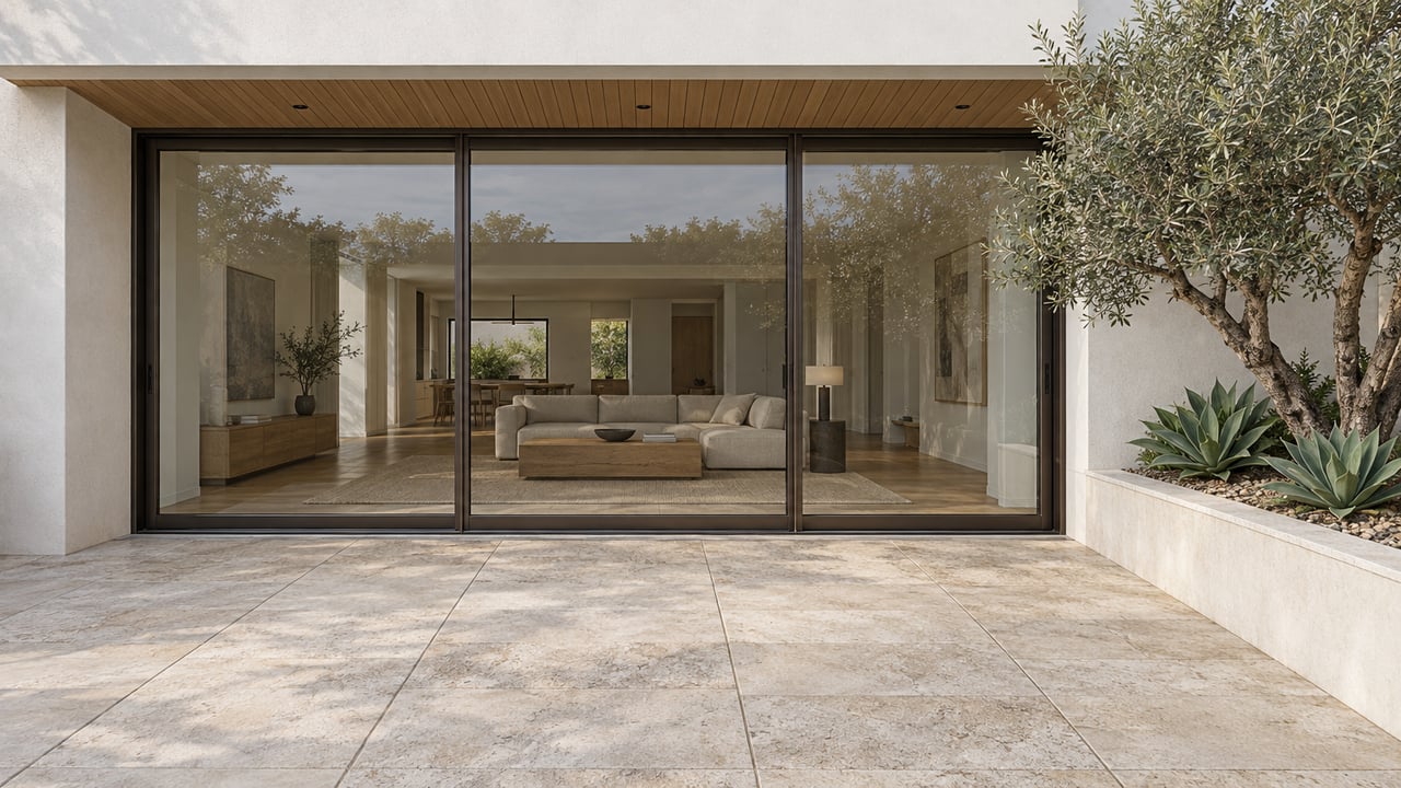Limestone terrace outside a white contemporary home, with closed bronze-framed glass doors and a sculptural olive tree in a raised planter.