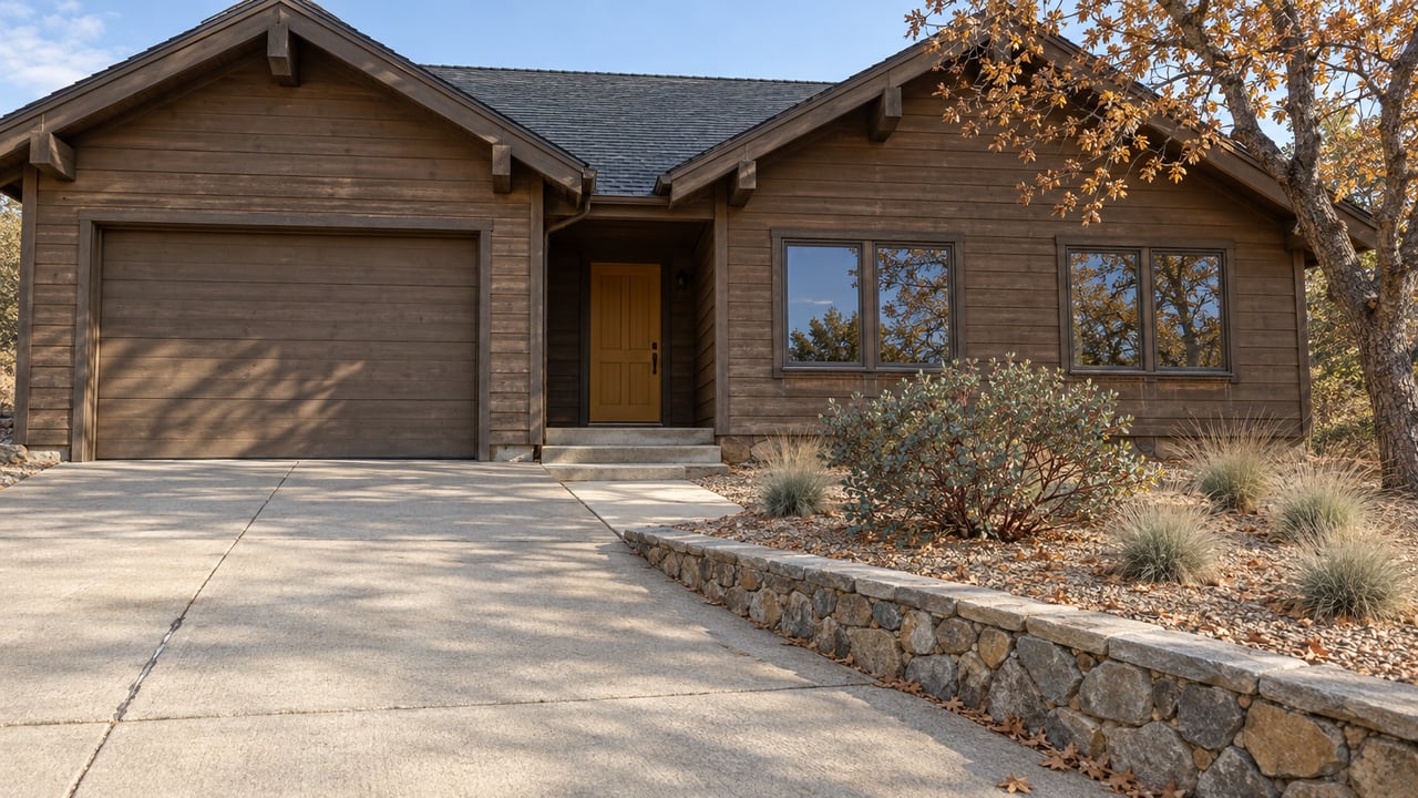 Sun-faded timber home with a pitched roof, concrete approach, fieldstone terrace and an oak carrying ocher autumn leaves.