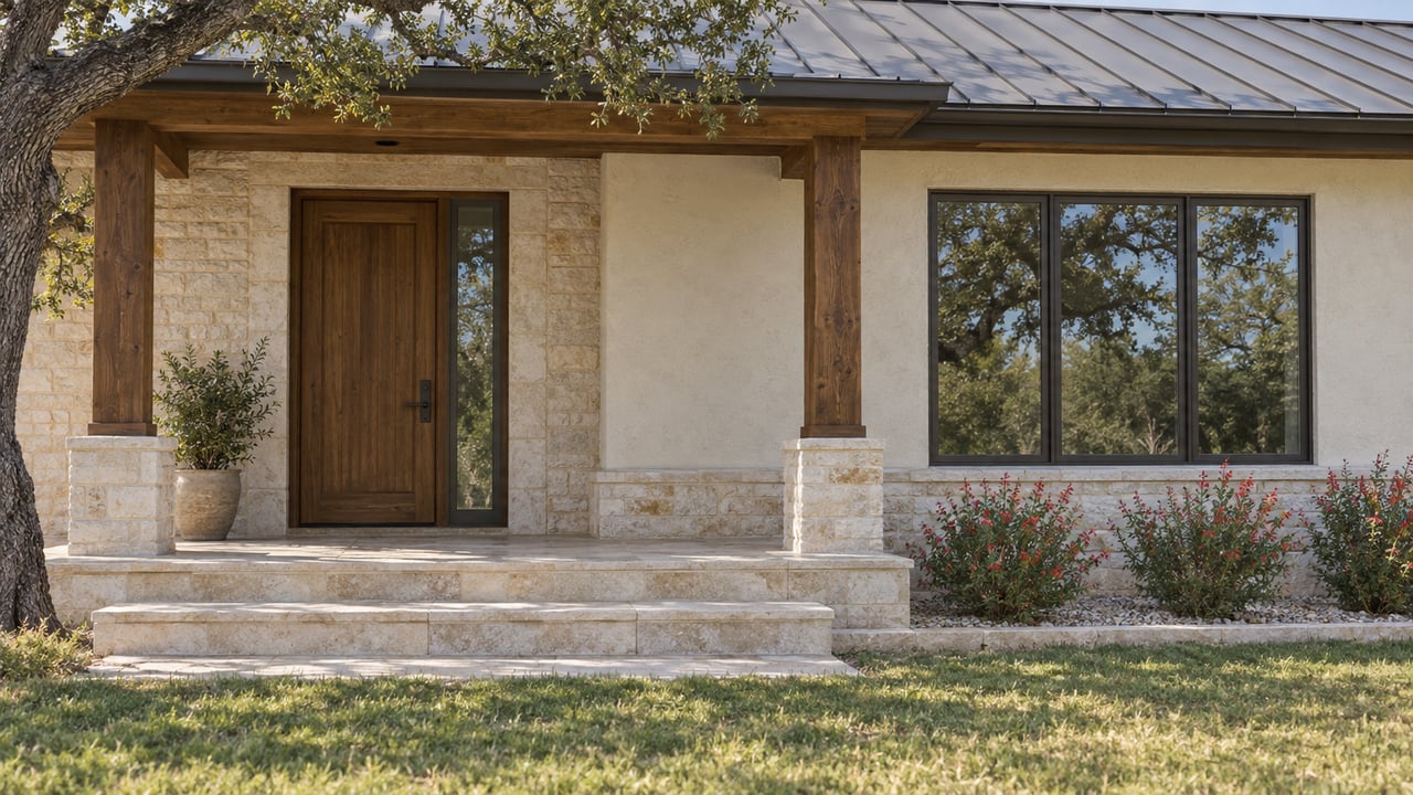 Limestone and cream-stucco home entrance beneath a metal roof, with timber porch posts, an oak canopy and a raised stone landing.