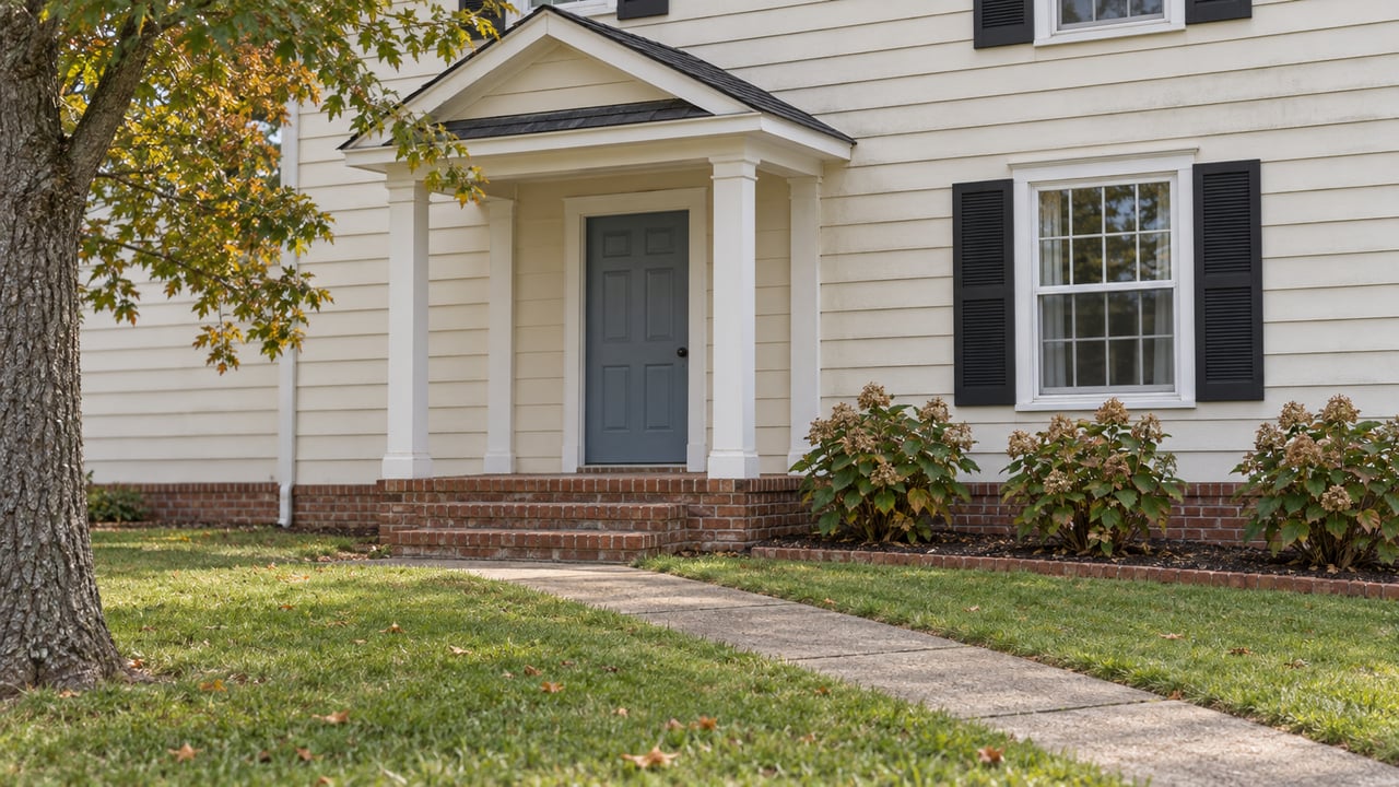 Cream-sided home with a blue front door, brick steps, white porch columns and a concrete walk through a gently sloped lawn.