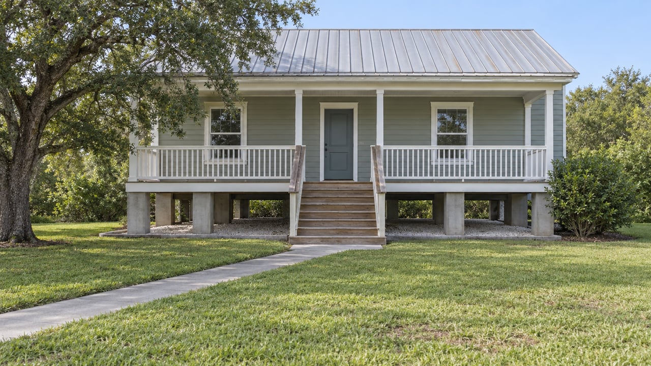 Raised gray-green house with a standing-seam roof, white porch, central stairs, and broad lawn.