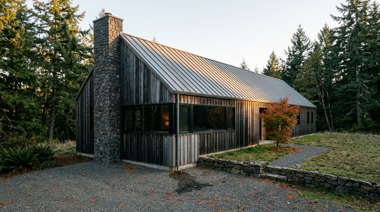 Rural home with a steep metal roof, stone chimney, and gravel clearing separating it from the forest.