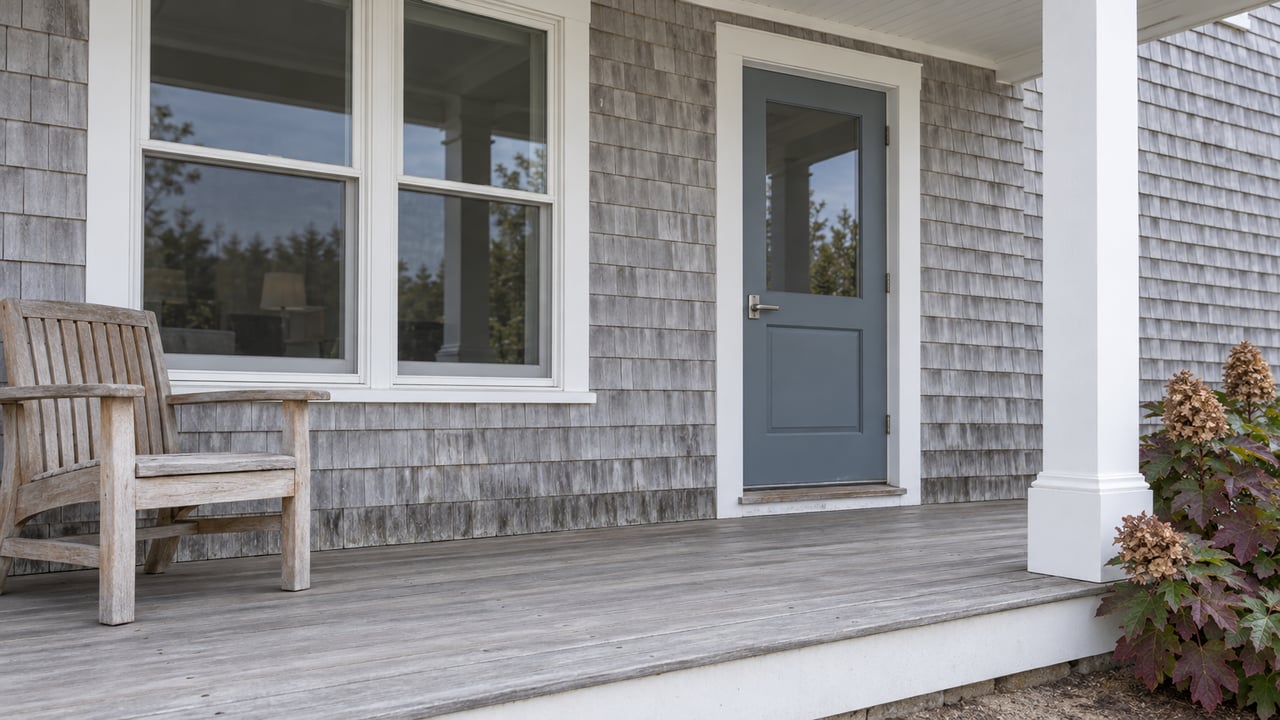 Weathered cedar-shingle house with a covered hardwood porch, white timber column, glazed blue-gray door and autumn oakleaf hydrangea.