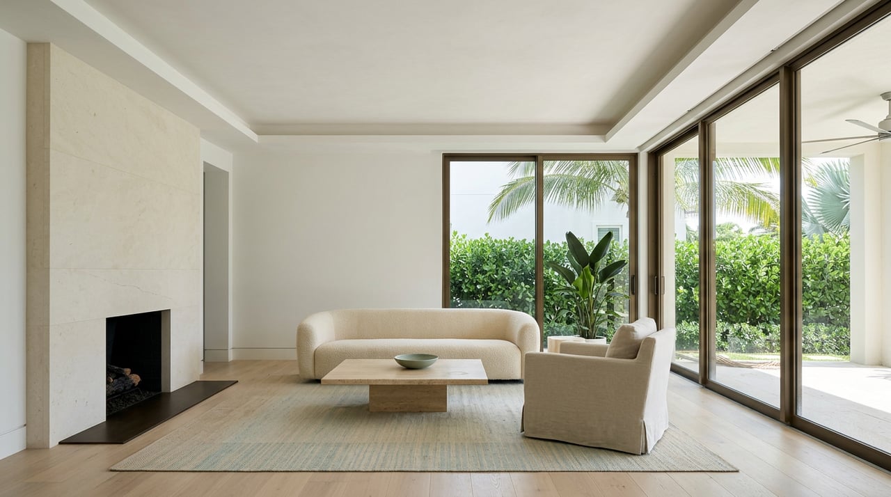 Coastal living room with an ivory sofa, limestone fireplace, and bronze-framed glass doors overlooking tropical greenery.