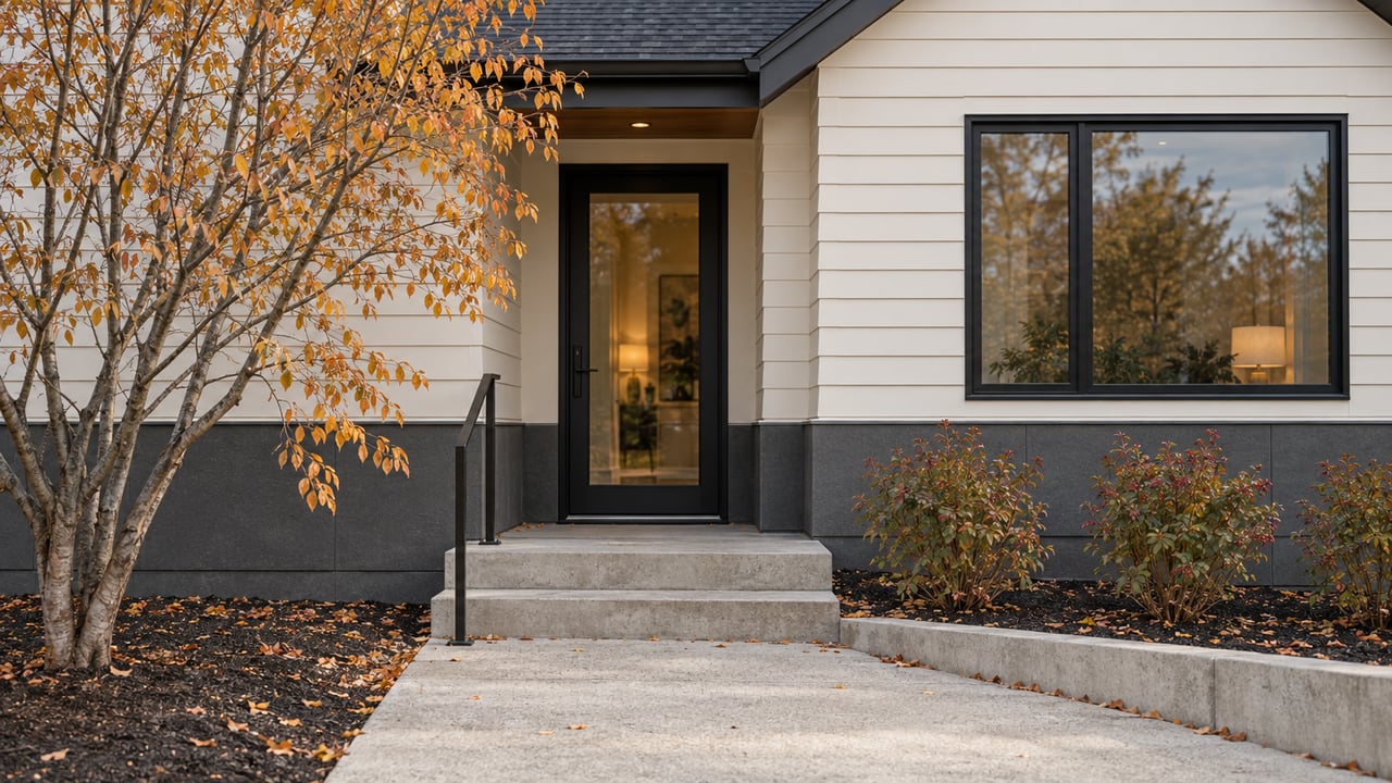 Modern house entry with a glass-paneled black door, concrete steps, and copper-yellow leaves in the garden.