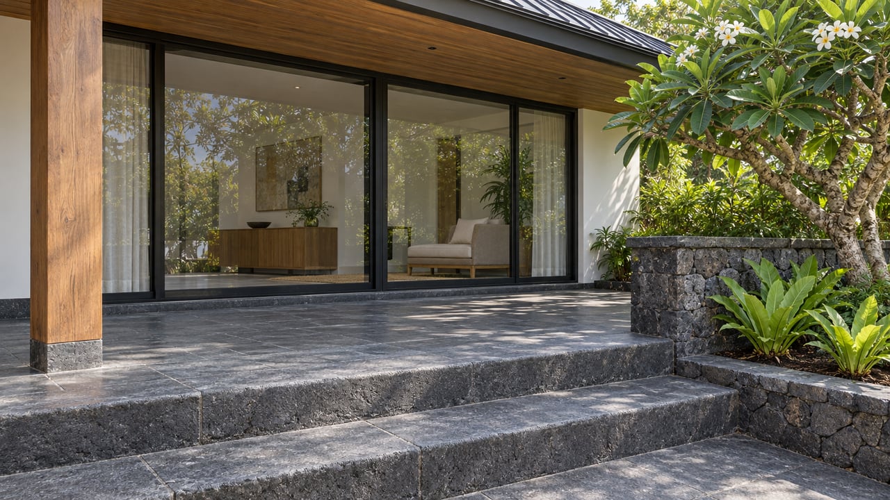 Timber-roofed pavilion entry with charcoal stone steps, closed glass doors and a flowering tree beside a lower planted bed.