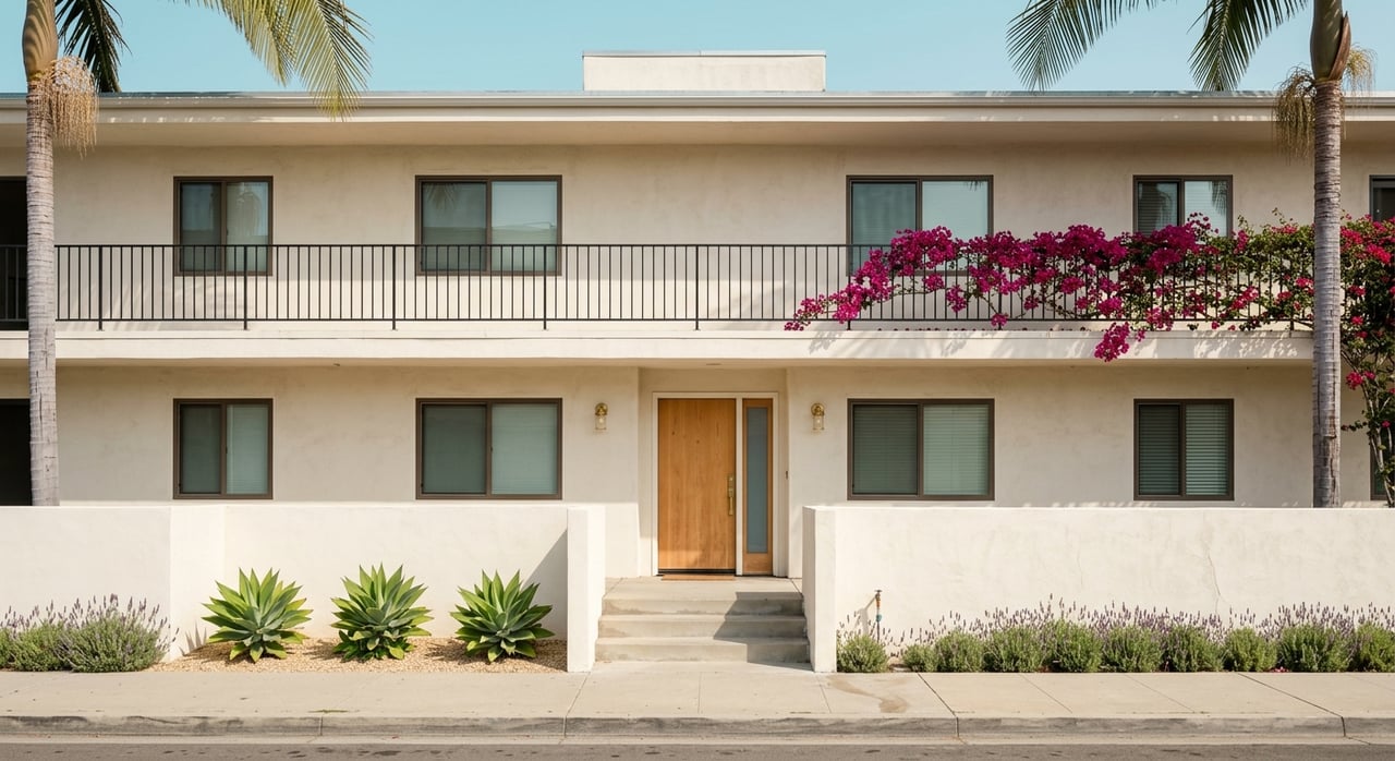 Two-story stucco walk-up with bronze windows, brass fixtures, and drought-tolerant plants.