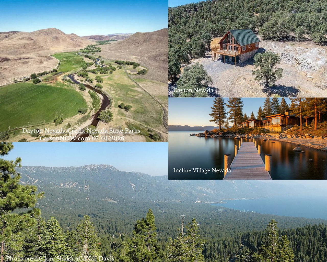 Nevada scenery including a Dayton river valley, wooded cabin, Lake Tahoe mountains, and an Incline Village lakefront dock.