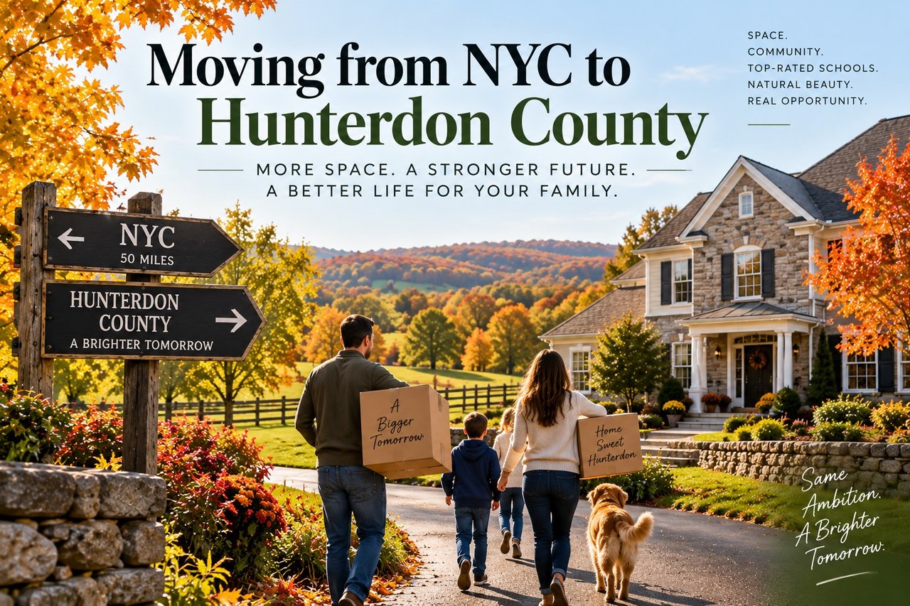 Moving from NYC to Hunterdon County, family outside a Hunterdon home with fall trees