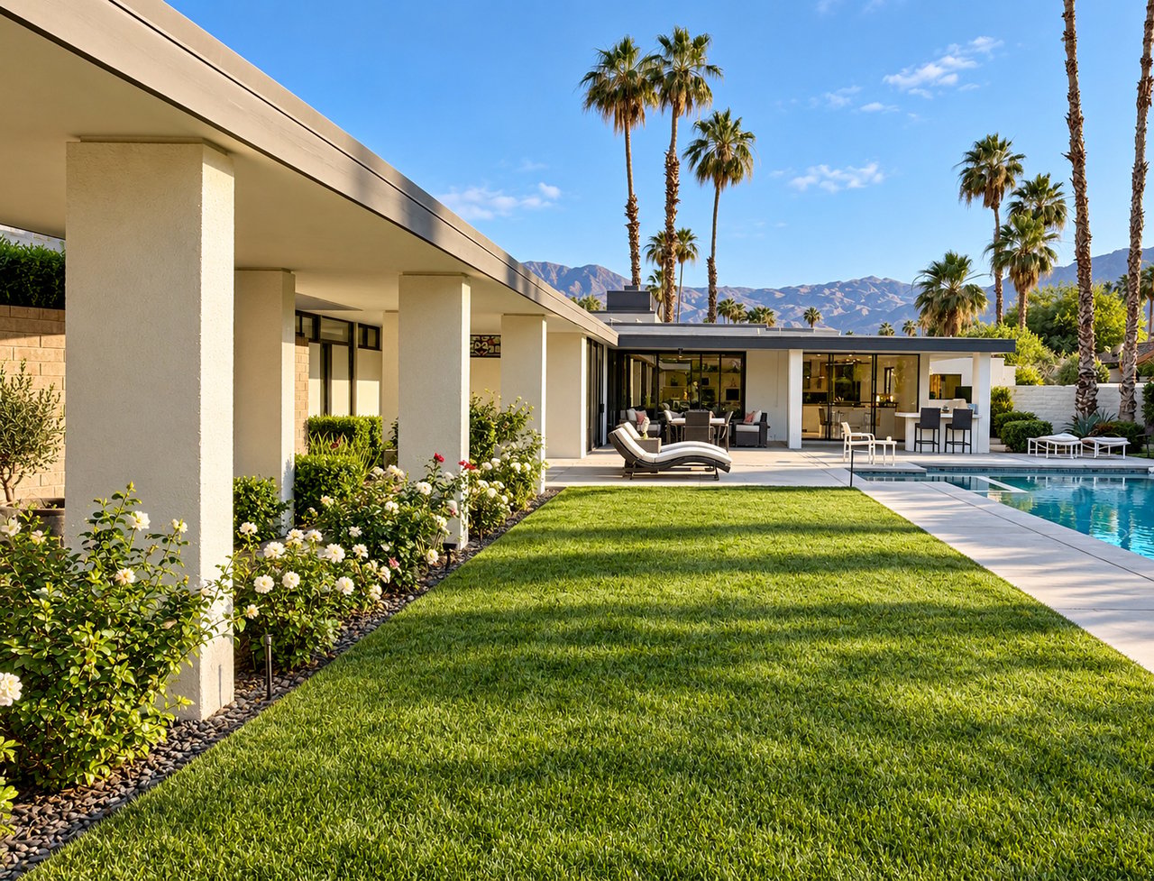 Modernist home with a covered patio, pool, palm trees, and mountain views.
