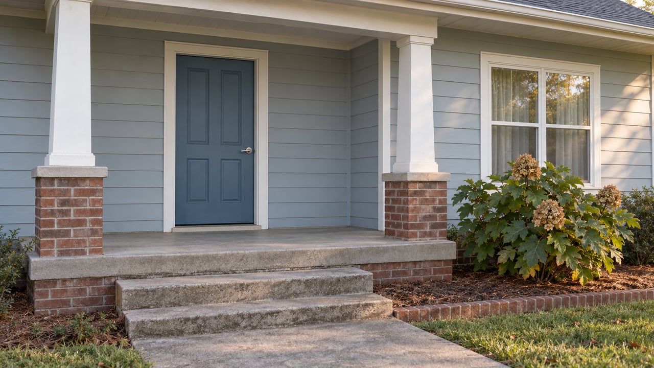 Blue-gray home's covered front entry with white porch posts, brick foundation, concrete steps, and an oakleaf hydrangea.