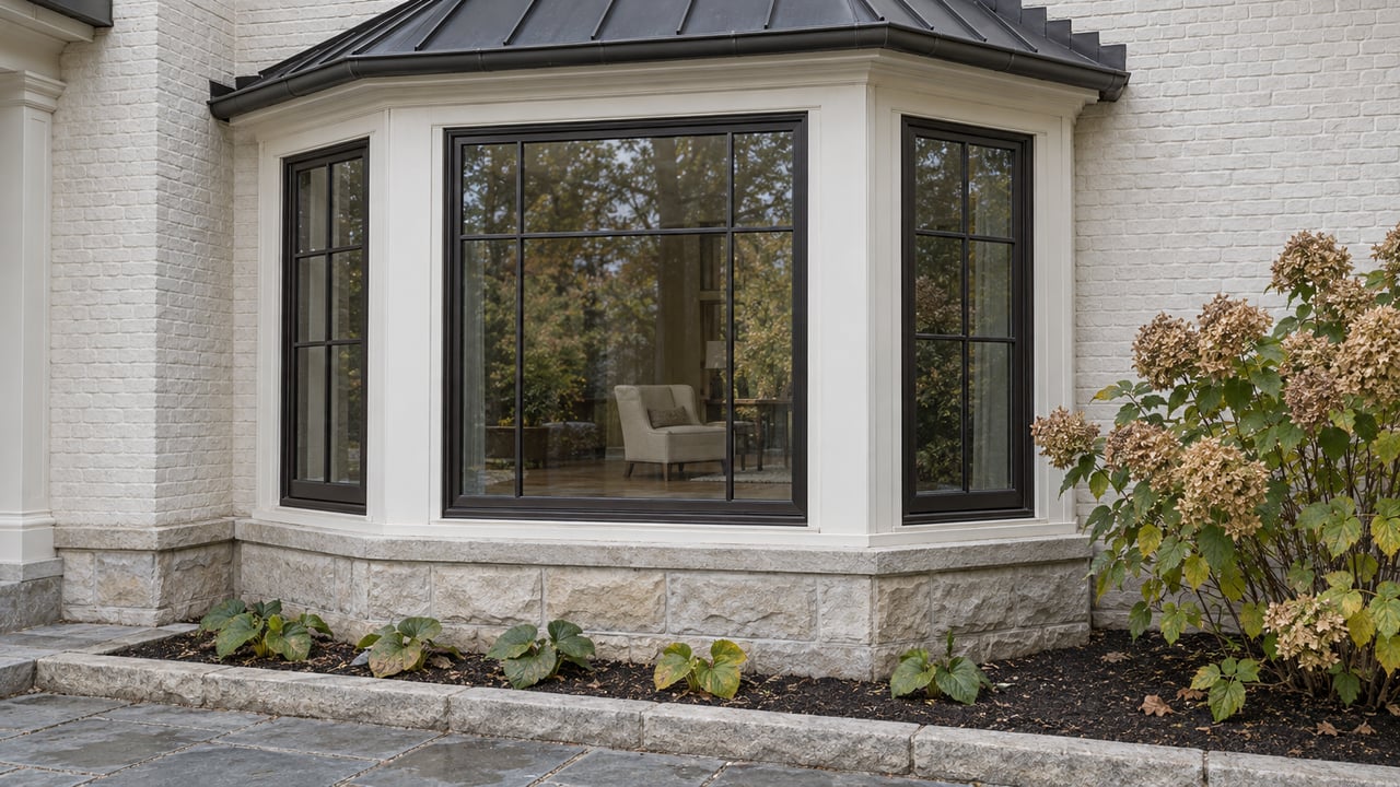 A dark-framed bay window on a warm-white brick house above a limestone foundation and autumn hydrangea planting.