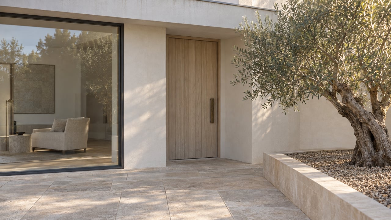 Pale limestone entry terrace beside a warm-white stucco home, with a timber door, tall glazed window and sculptural olive tree.