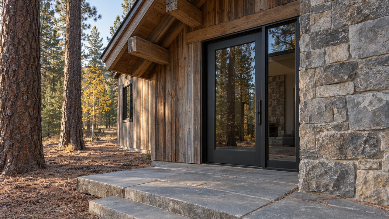 Cedar mountain-home entry with a black-framed glass door, stone chimney, bluestone steps, and pine trees.