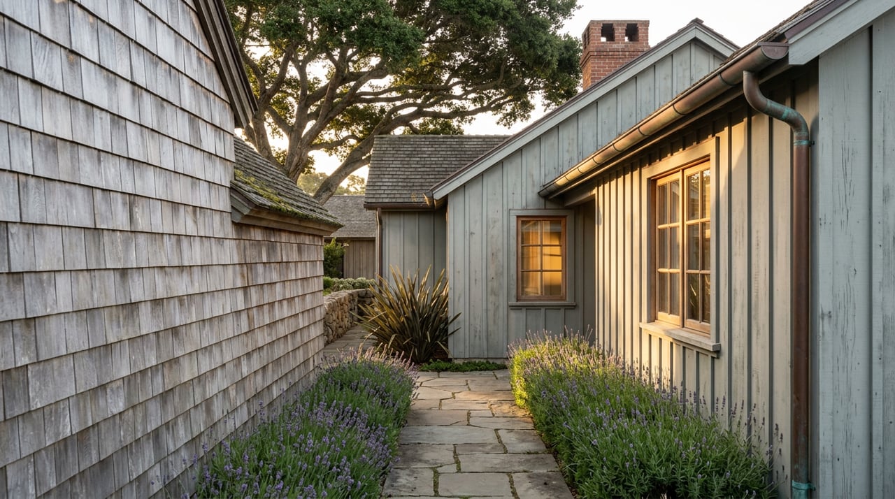 Flagstone lane between cedar-shingled and gray-green cottages, bordered by blooming lavender beneath an oak canopy.