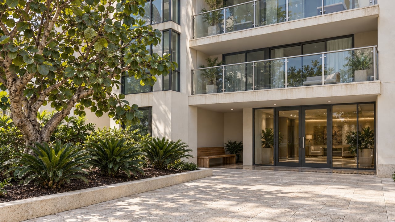 Pale stucco residential tower entrance with glass balconies, limestone paving and a sculptural sea grape tree.
