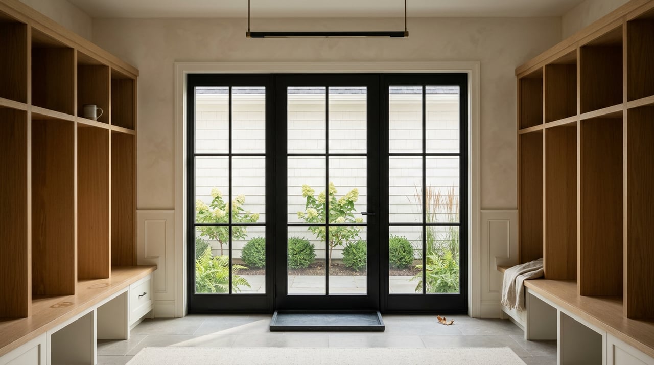 Mudroom with oak lockers flanking a black steel glass door, opening onto a courtyard with flowering hydrangeas.