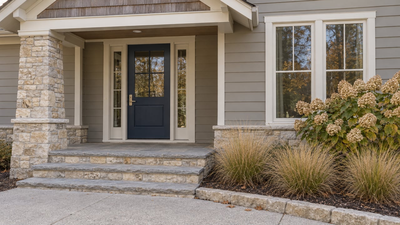 Covered home entry with gray siding, limestone steps, a navy front door and autumn planting.