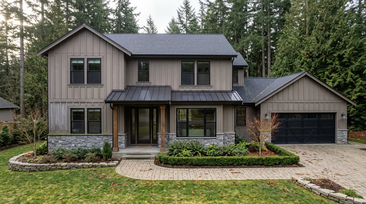 Two-story gray-brown home with a timber porch, stone base, black-framed windows, and paver walkway, backed by evergreens.