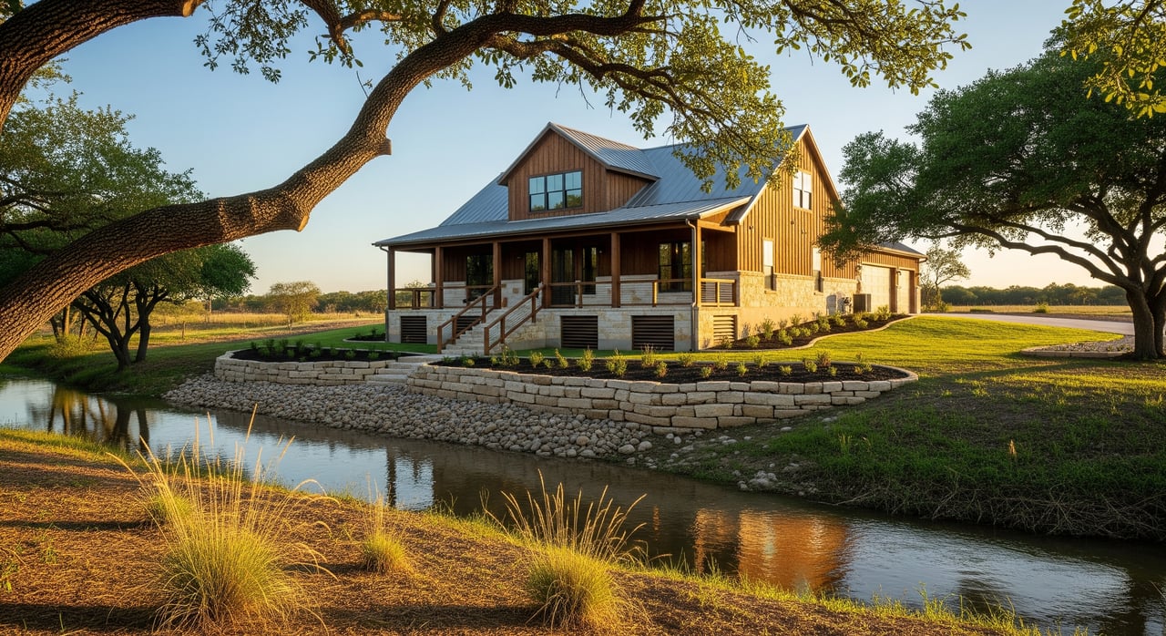 Modern wooden farmhouse with a broad porch sits beyond a stone-lined creek beneath sprawling trees.