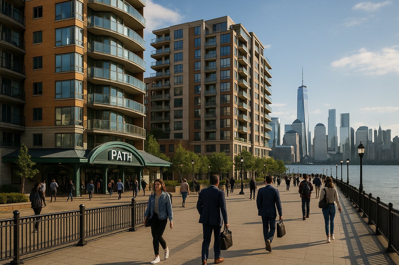 Modern condos beside Hoboken PATH station with pedestrians walking along waterfront promenade and Manhattan skyline in background.
