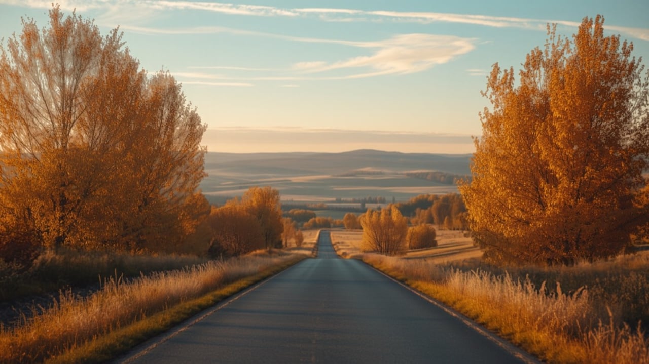 A country road winds through golden fall trees toward the rolling Palouse hills.