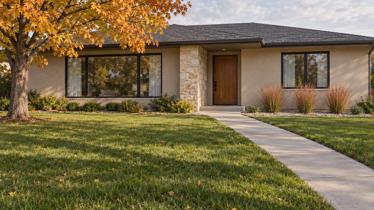 A single-story stucco home with a limestone entry, deep front lawn and autumn maple in soft afternoon light.