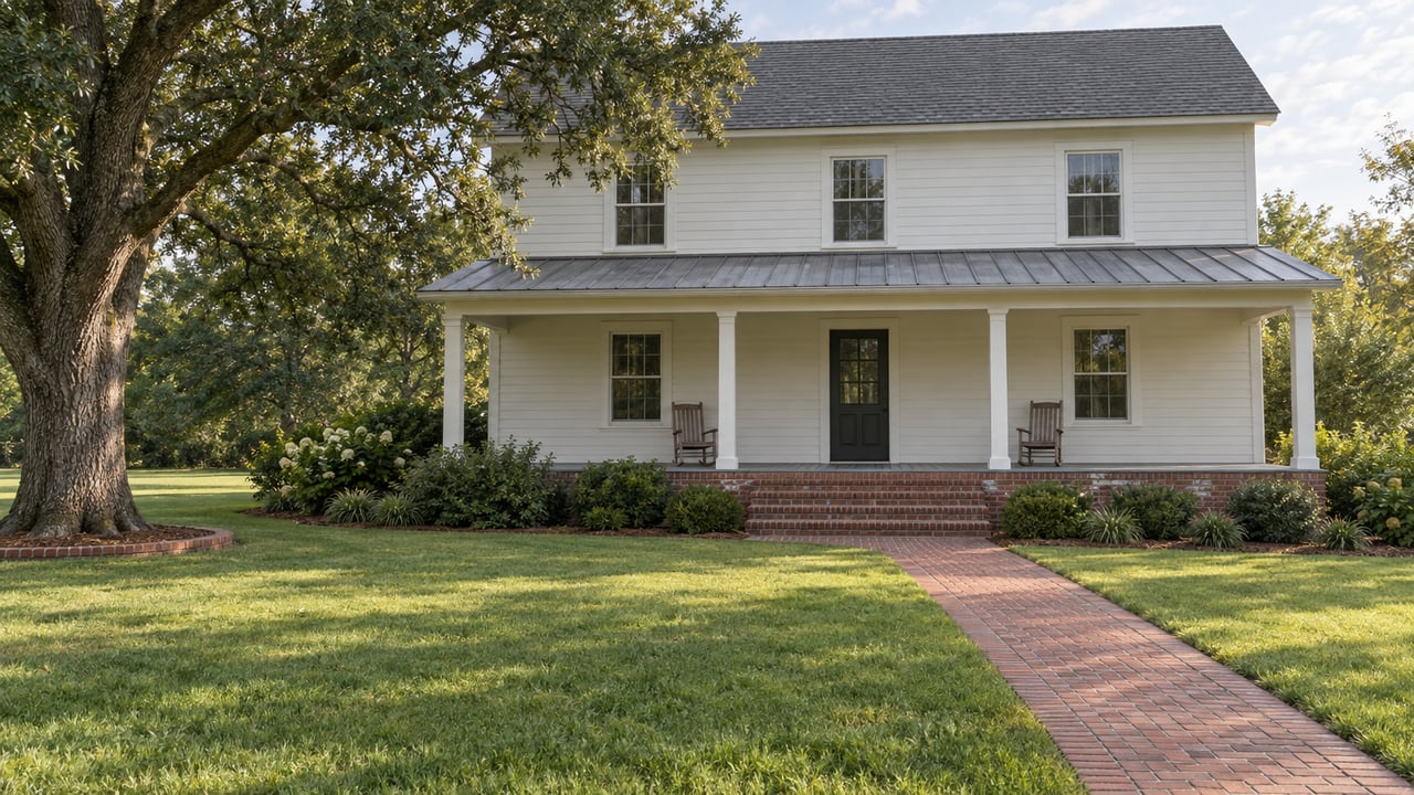 An established white farmhouse with a metal-roofed porch, brick entry walk and broad lawn beneath a mature live oak.