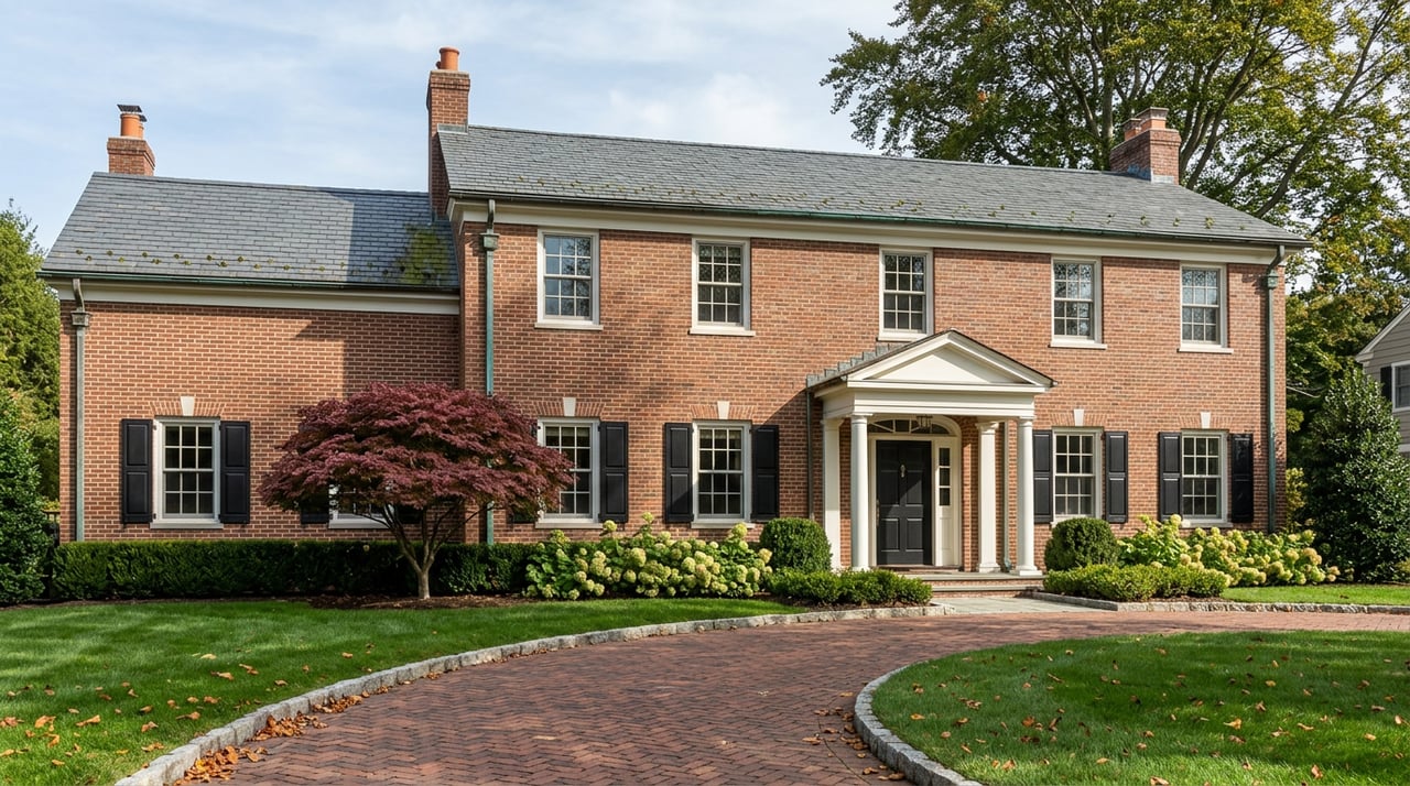 Two-story red-brick house with white-columned entry, curving brick driveway, clipped hedges, and a Japanese maple.
