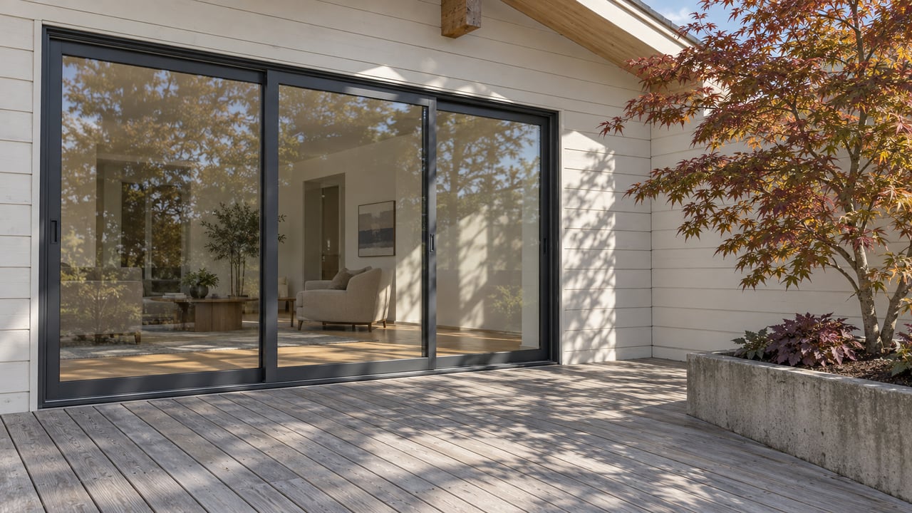 Silvered wood terrace beneath a timber eave, facing closed dark-framed sliding doors beside a concrete planter with a Japanese maple.