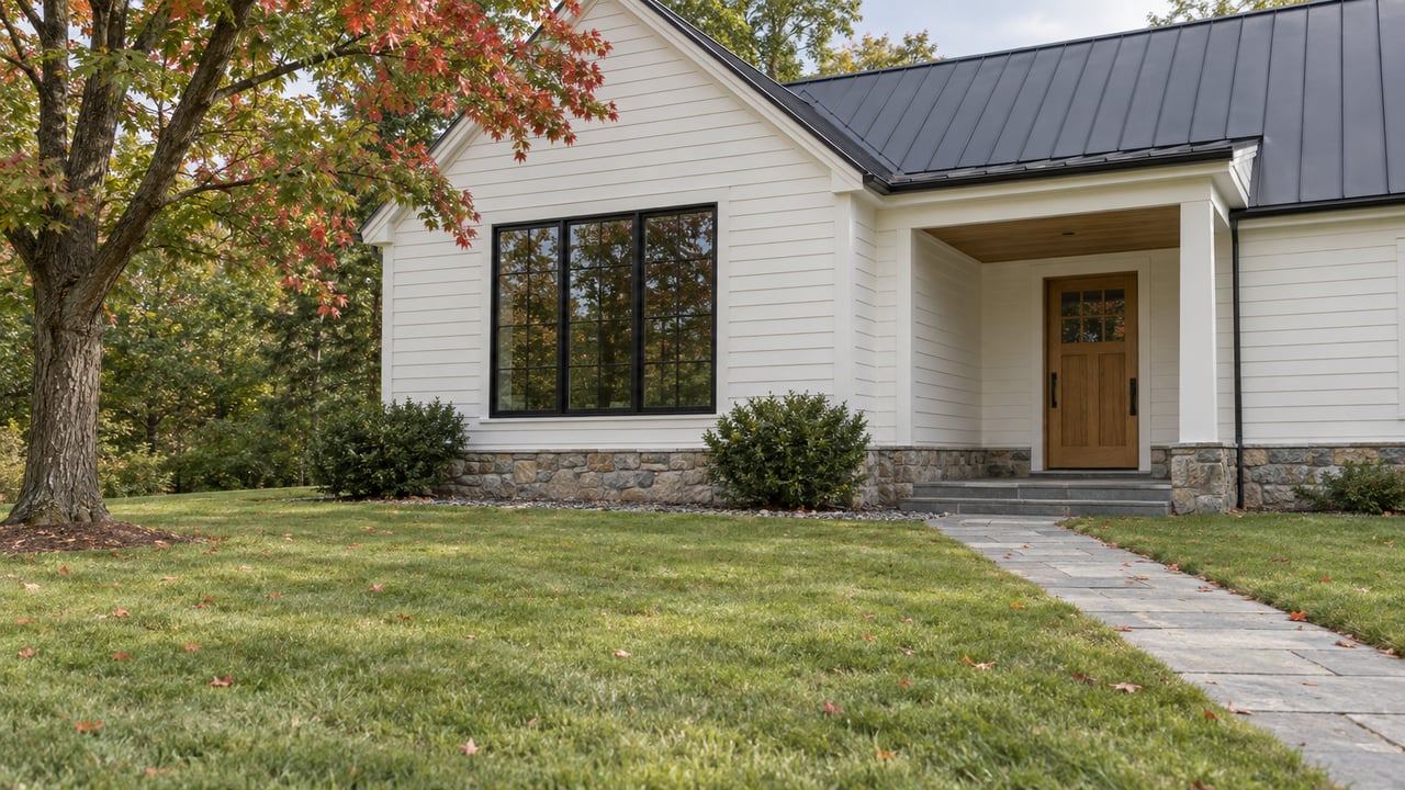 Warm white clapboard house with an oak entry, bluestone path, and a red-leaved tree beside a broad lawn.