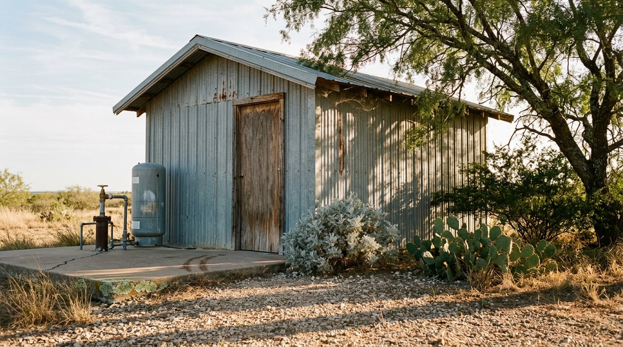 Galvanized ranch pump house with exposed wellhead plumbing, weathered door, mesquite canopy, and dry grass.