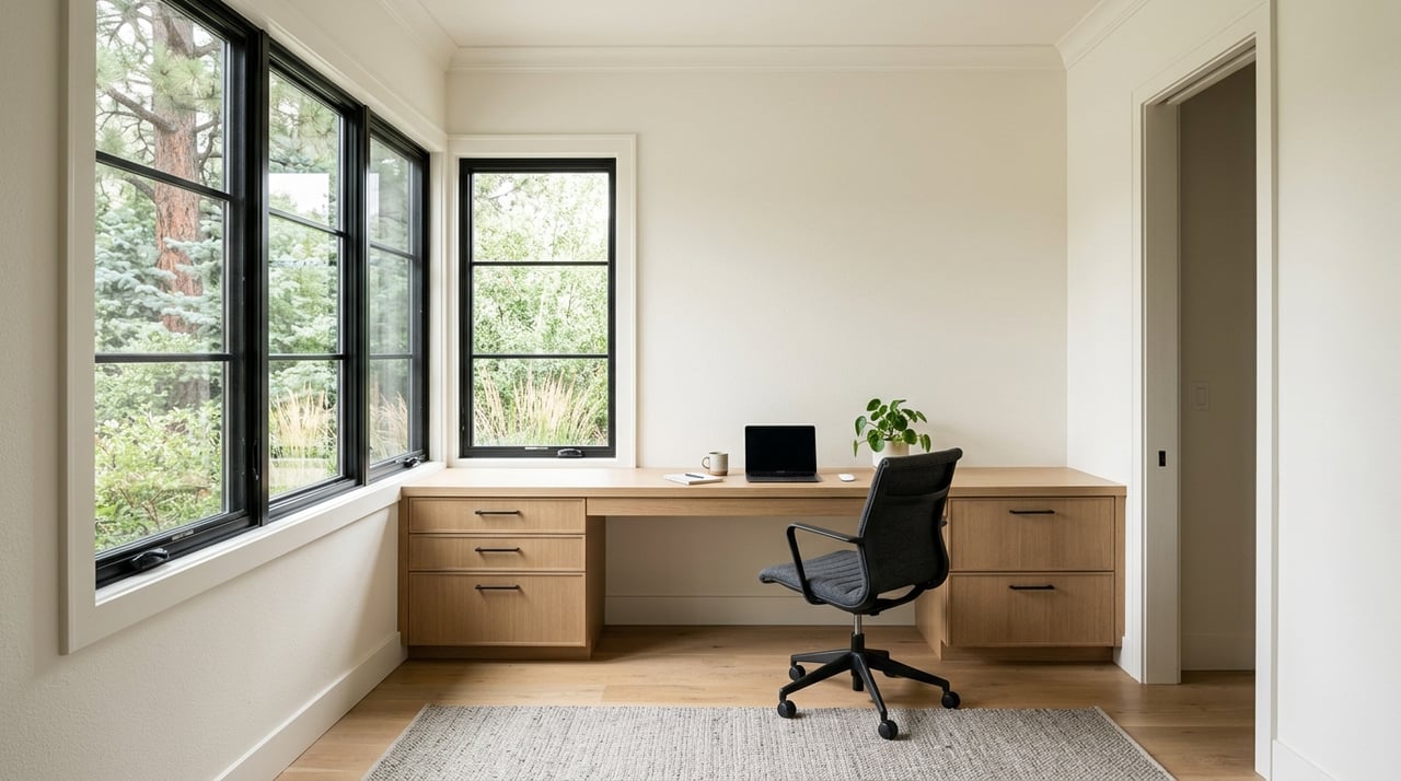 White-oak home office with built-in desk, black task chair, and divided-light windows overlooking foliage.