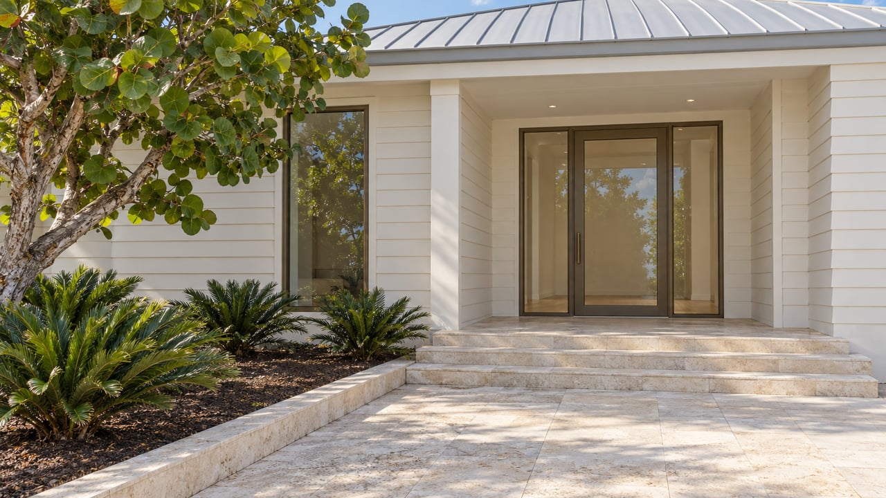 Sunlit ivory-sided home entrance with bronze-framed glazing, limestone steps and sculptural sea-grape planting.
