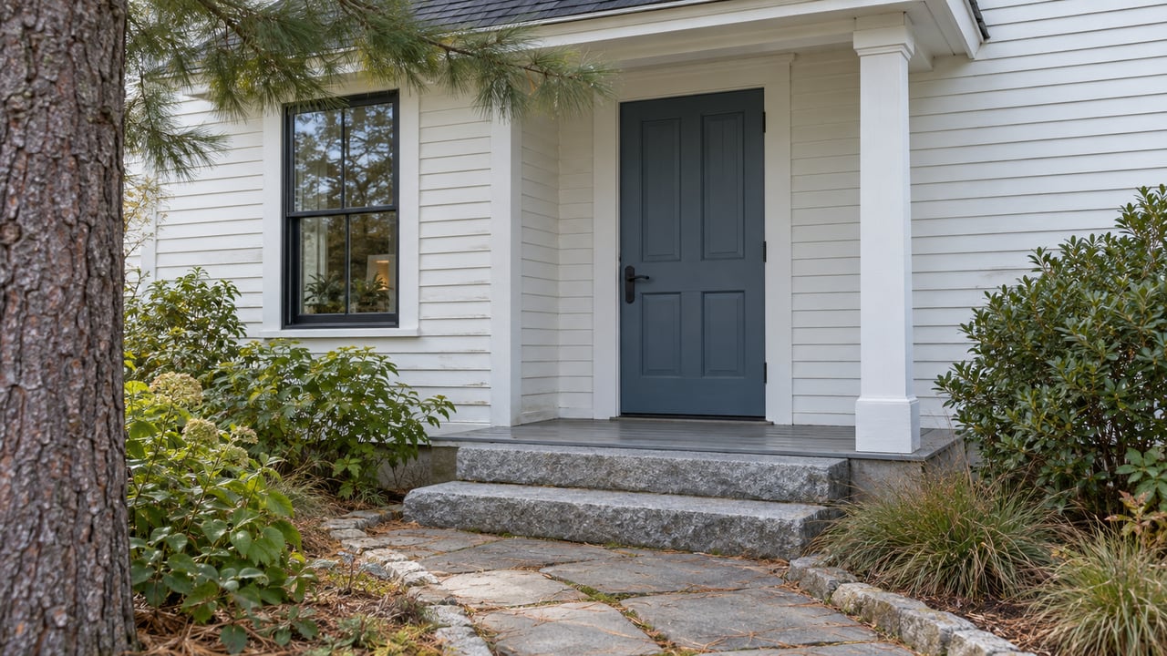 White clapboard home with a slate-blue door, granite steps, a pine tree, and shrubs beside the stone walk.