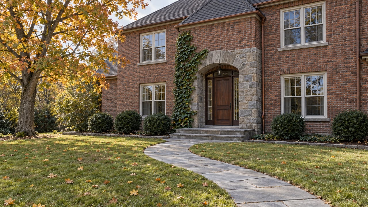 Traditional brick home with a stone arched entry, deep front lawn, curving stone walk and a maple tree in autumn color.