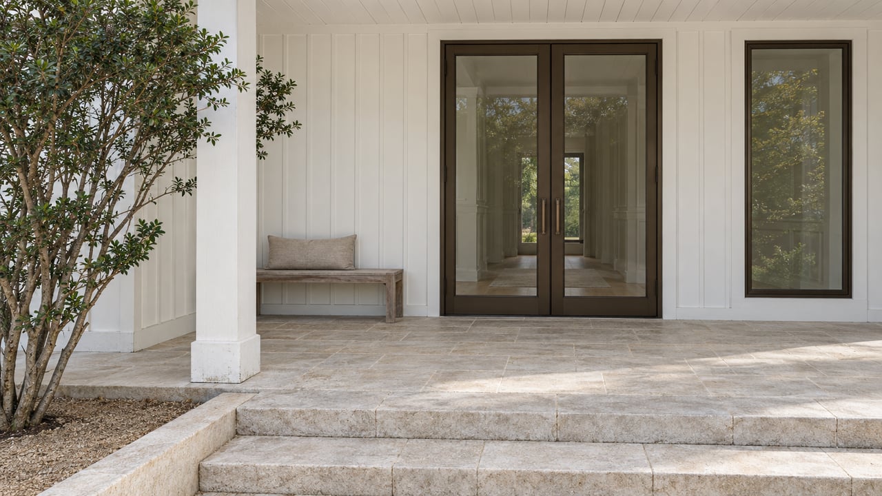 White board-and-batten home entry with dark-framed glass double doors, limestone steps and a sheltered teak bench beside a sculptural yaupon.