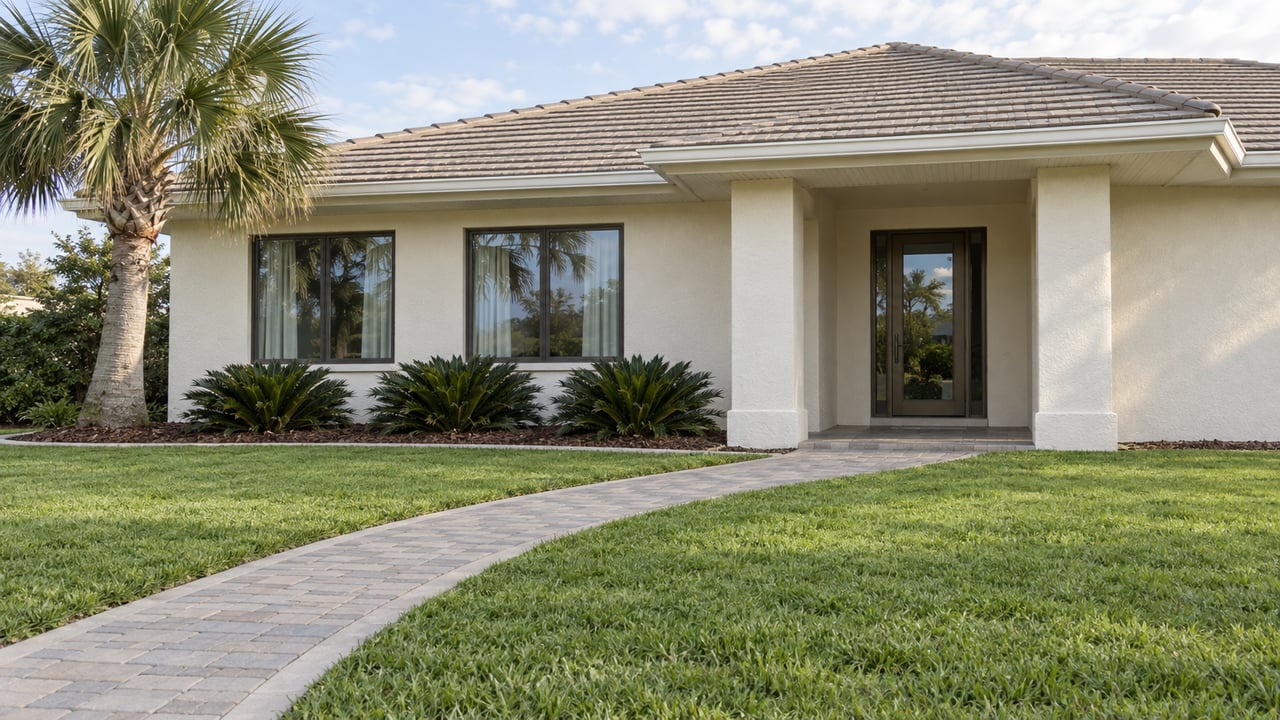 Light stucco single-story home with a pale tiled roof, deep lawn, curved paver approach and a sculptural palm beside bronze-framed windows.