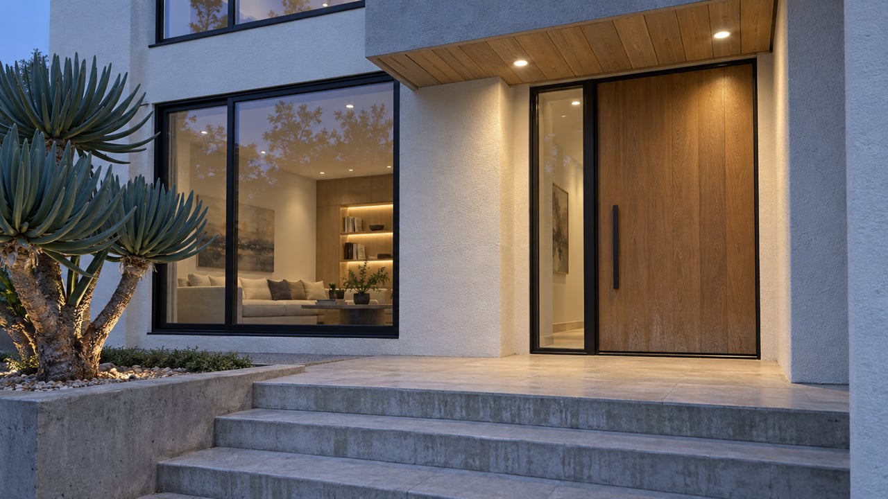 Blue-hour close view of a warm-white home with an oak front door, black-framed windows, pale stone landing, and a sculptural fan aloe.