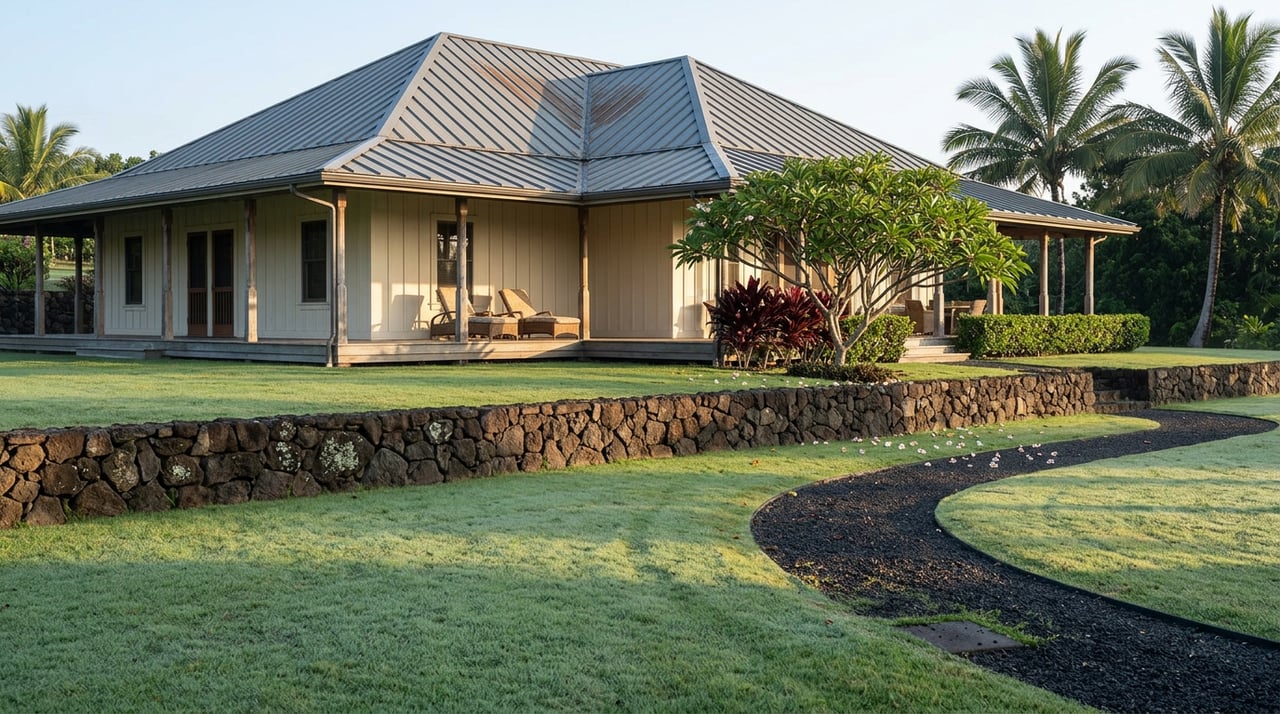 Cream plantation-style home with wraparound veranda, gray metal roof, lava-rock wall, palms, and a curving gravel path.