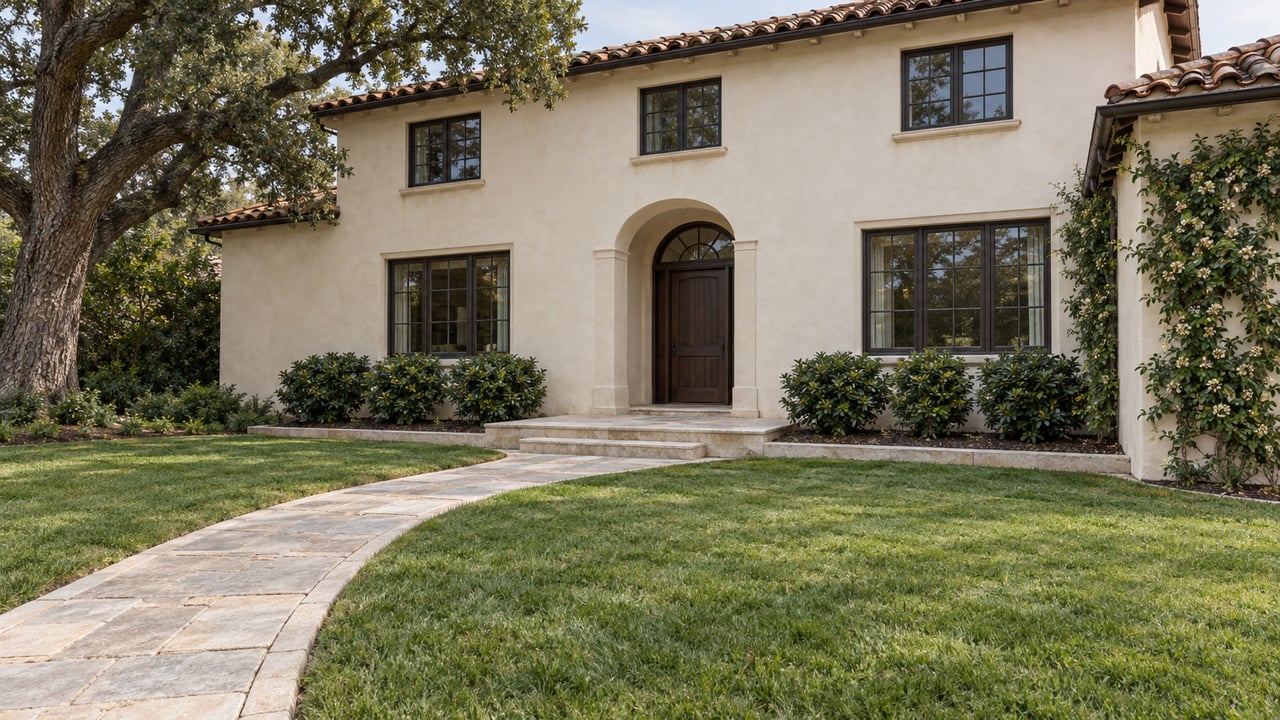 An ivory stucco home with a clay tile roof, arched oak entry and divided-light windows beyond a broad lawn and limestone walk.